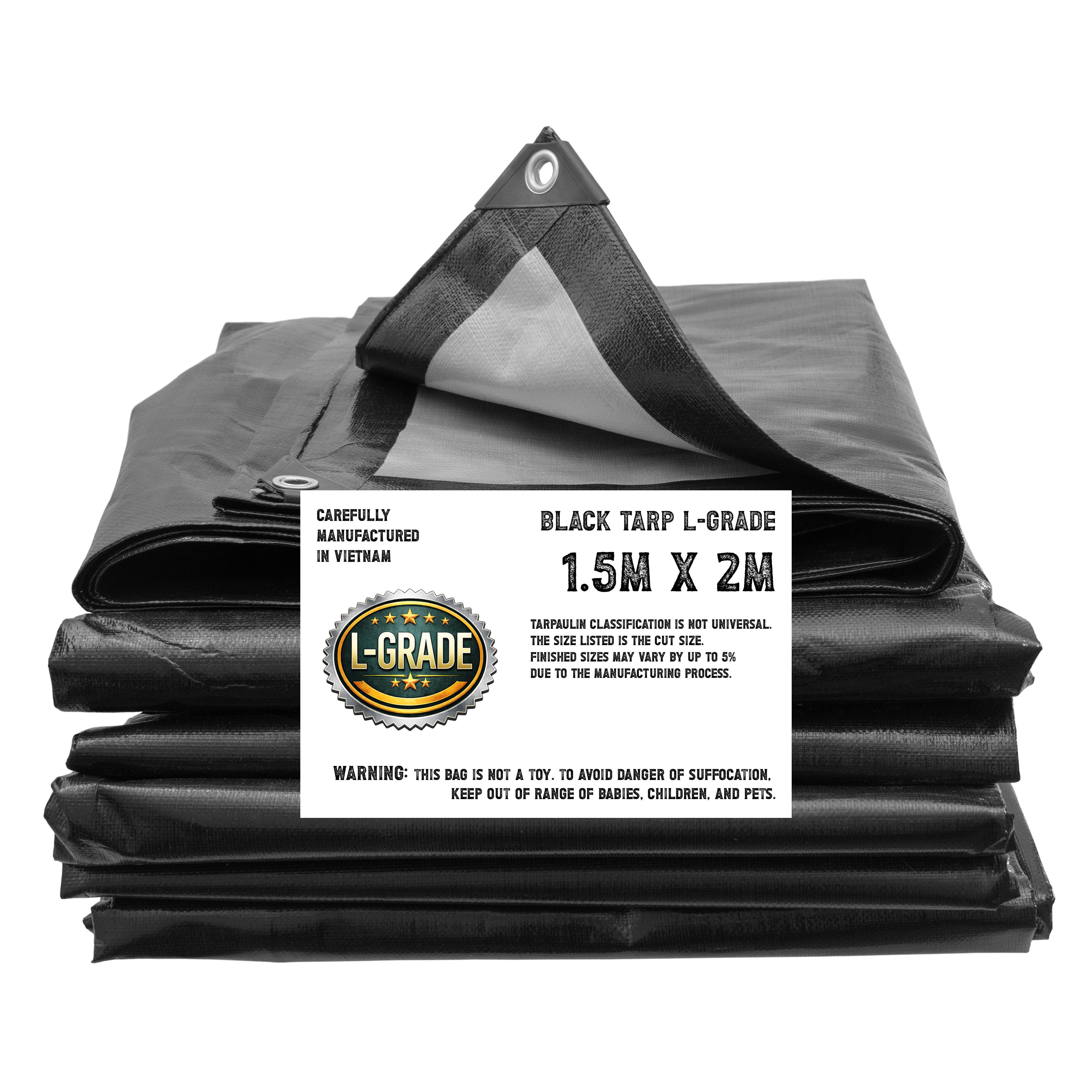 L-Grade Black Tarpaulin Heavy Duty Tarp Cover Outdoor Garden Waterproof Sheet 1.5x2