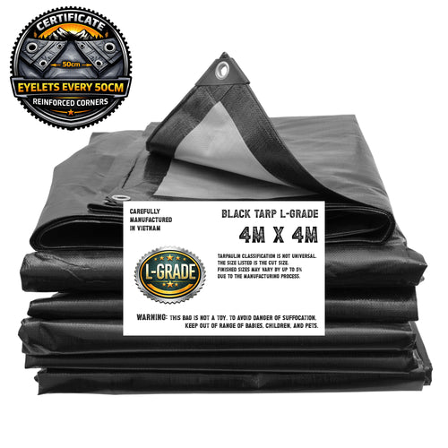 L-Grade Black Tarpaulin Heavy Duty Tarp Cover Outdoor Garden Waterproof Sheet 4m x 4m (1)