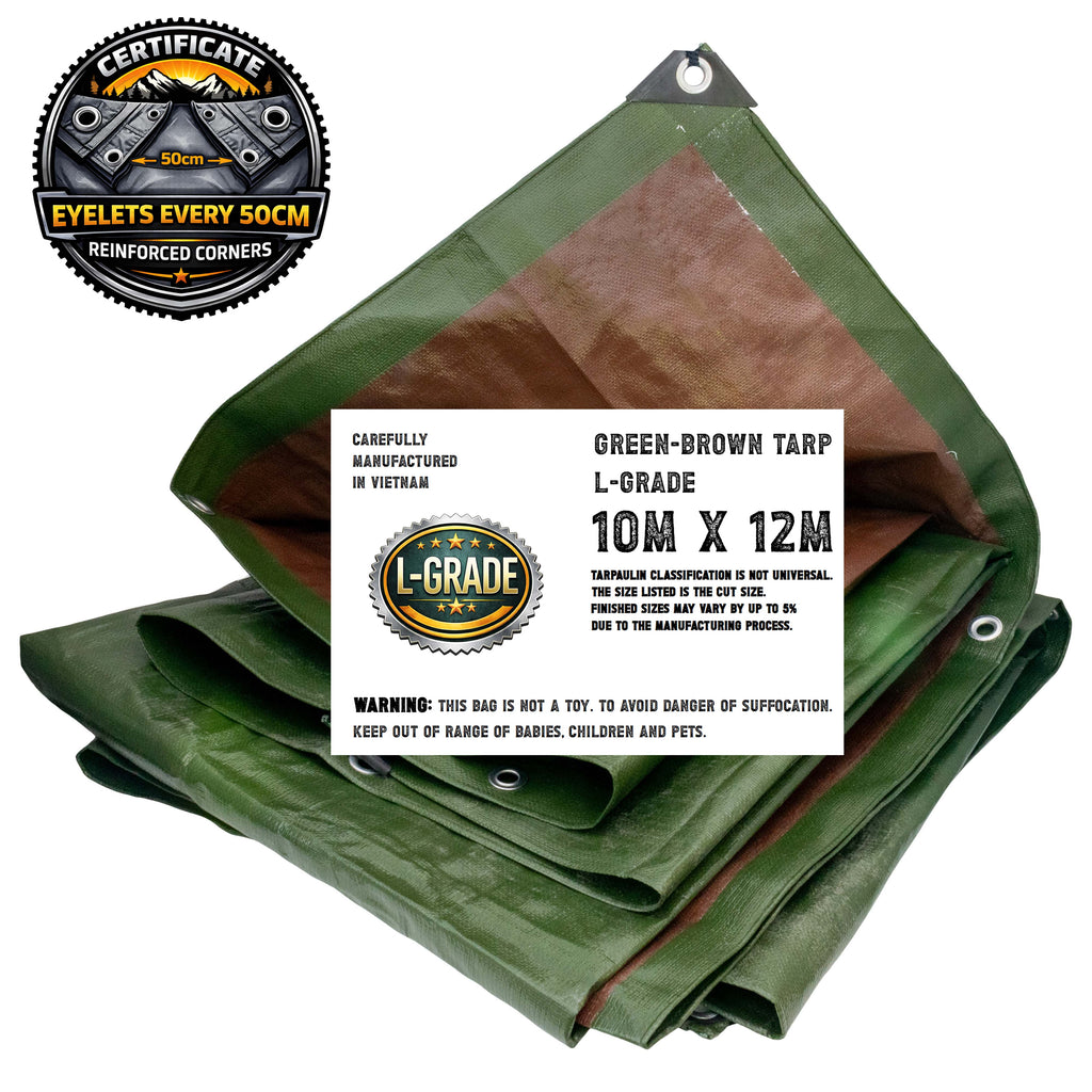 L-Grade Green Brown Tarpaulin Tarp Groundsheet Protective Cover Reinforced Corners 0.5m Interval Eyelets Tie Down Sheeting 10m x 12m