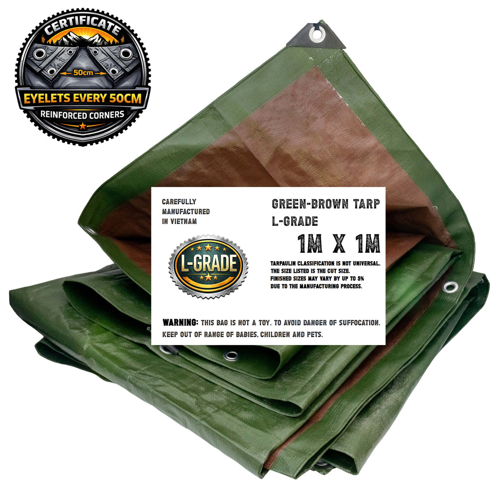 L-Grade Green Brown Tarpaulin Tarp Groundsheet Protective Cover Reinforced Corners 0.5m Interval Eyelets Tie Down Sheeting 1m x 1m