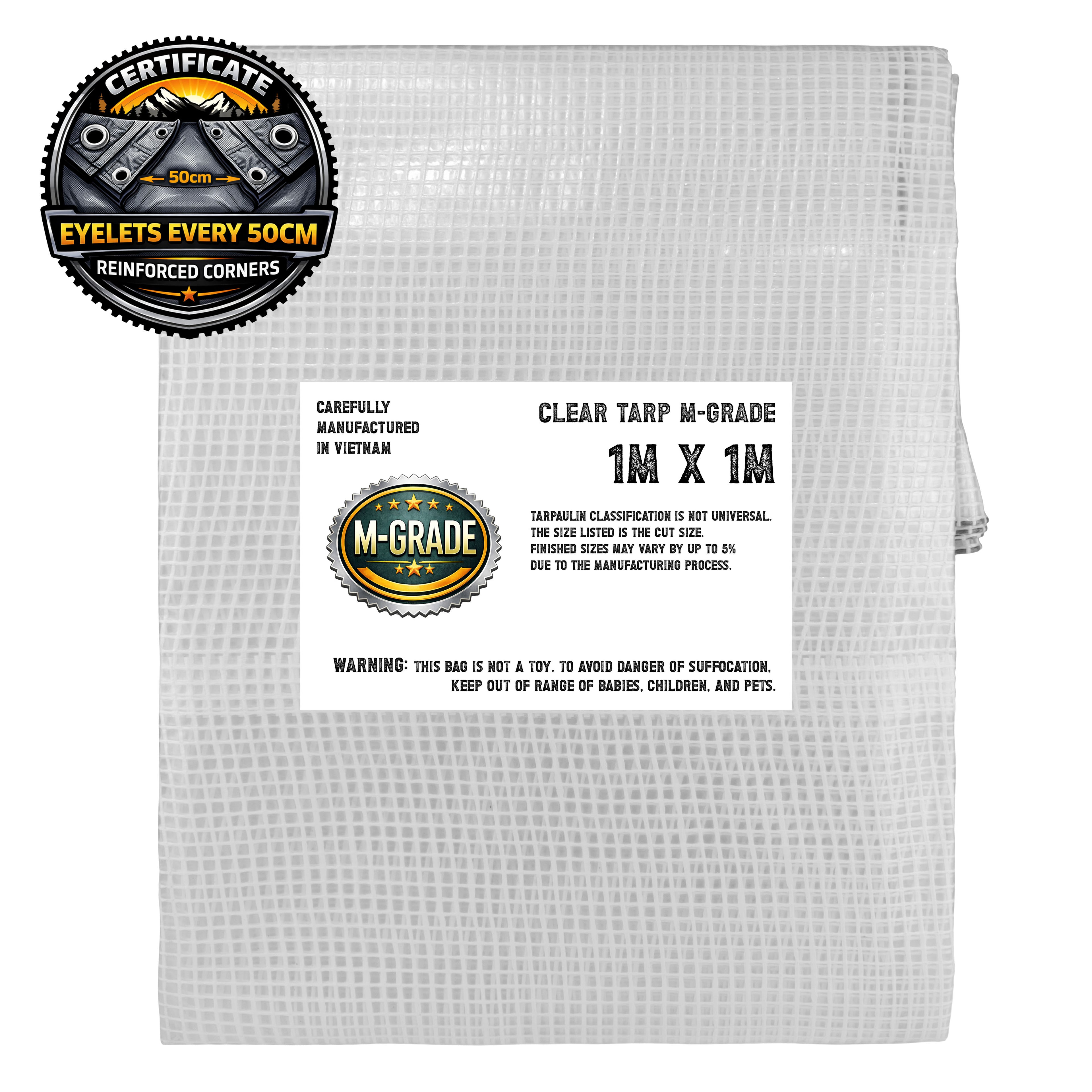 M-Grade Clear Tarpaulin Tarp Cover Sheet Waterproof Camping Transparent Monotex Reinforced Thread Tarp 0.5m eyelets and reinforced corners 1m x 1m
