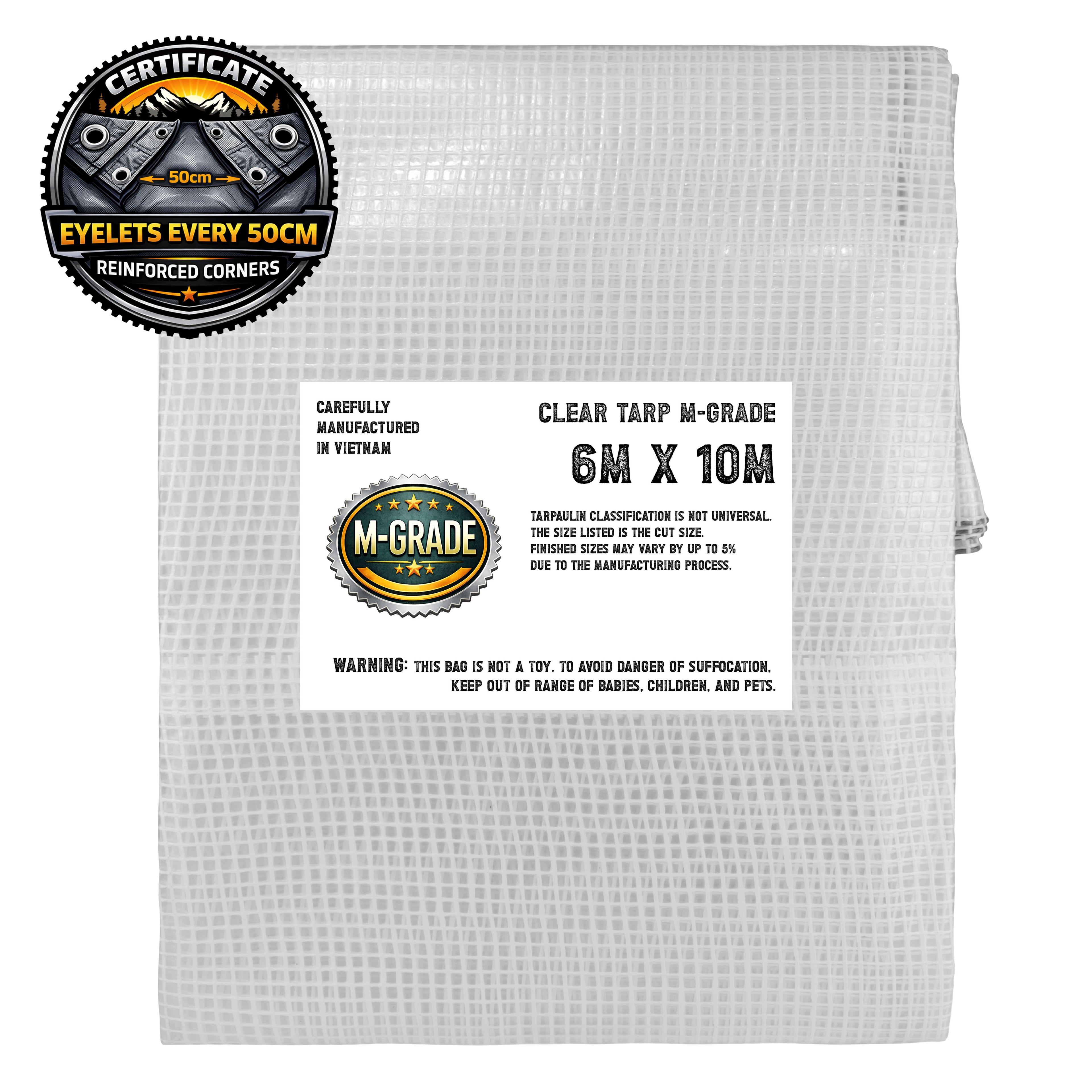 M-Grade Clear Tarpaulin Tarp Cover Sheet Waterproof Camping Transparent Monotex Reinforced Thread Tarp 0.5m eyelets and reinforced corners 6m x 10m