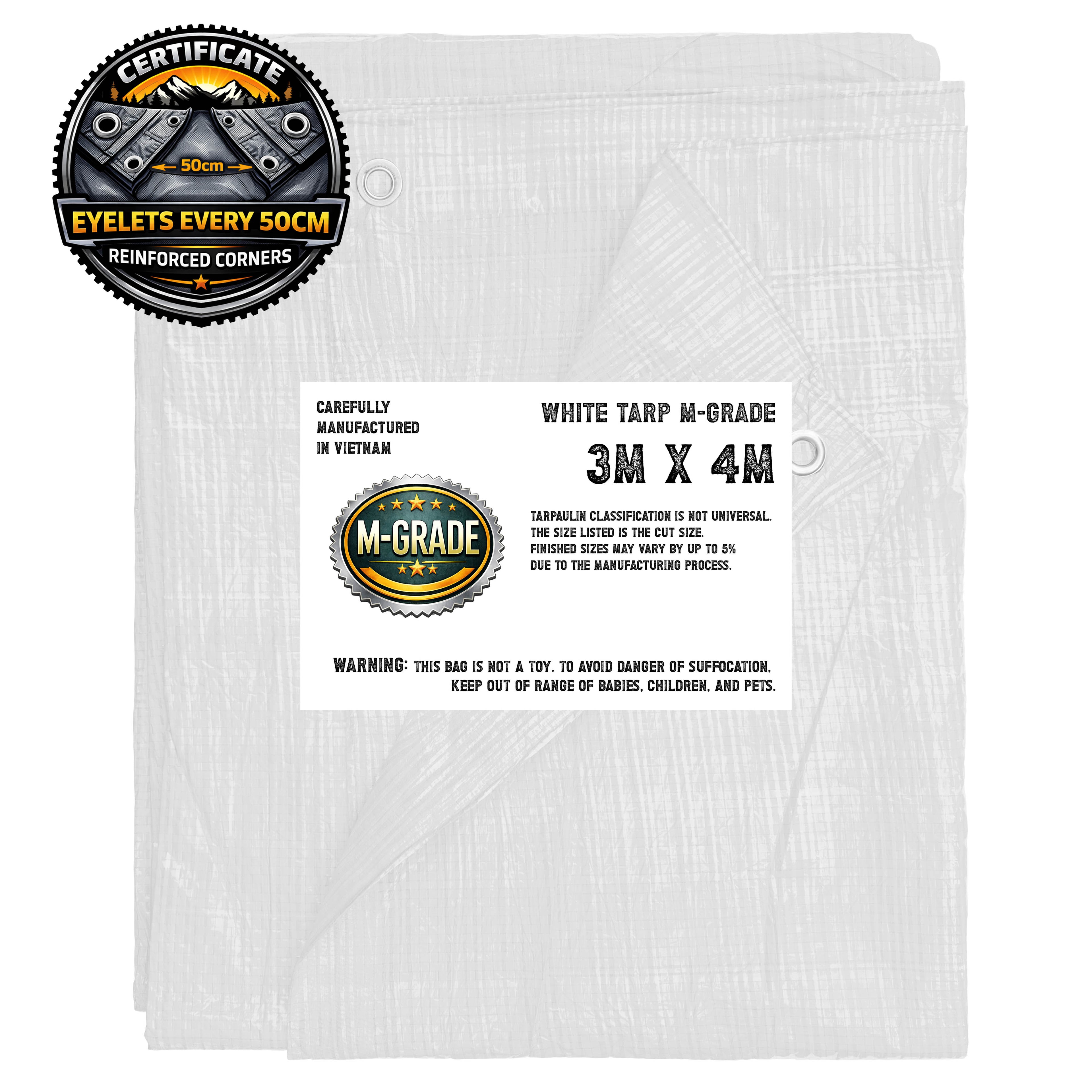 M-Grade White Tarp Tarpaulin Groundsheet Cover Camping Waterproof Sheeting 3m x 4m Reinforced Corners and 0.5m Interval Eyelets