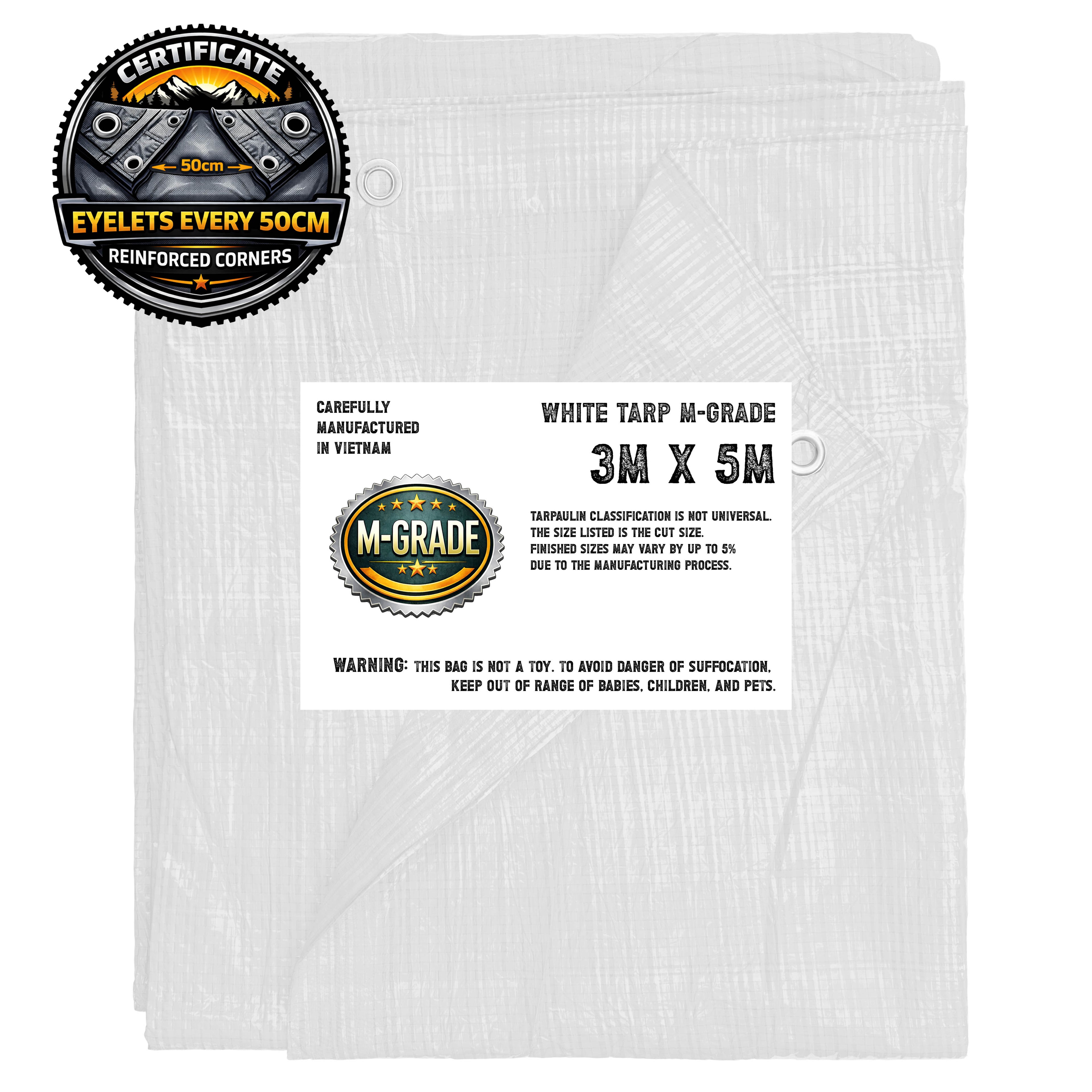 M-Grade White Tarp Tarpaulin Groundsheet Cover Camping Waterproof Sheeting 3m x 5m Reinforced Corners and 0.5m Interval Eyelets