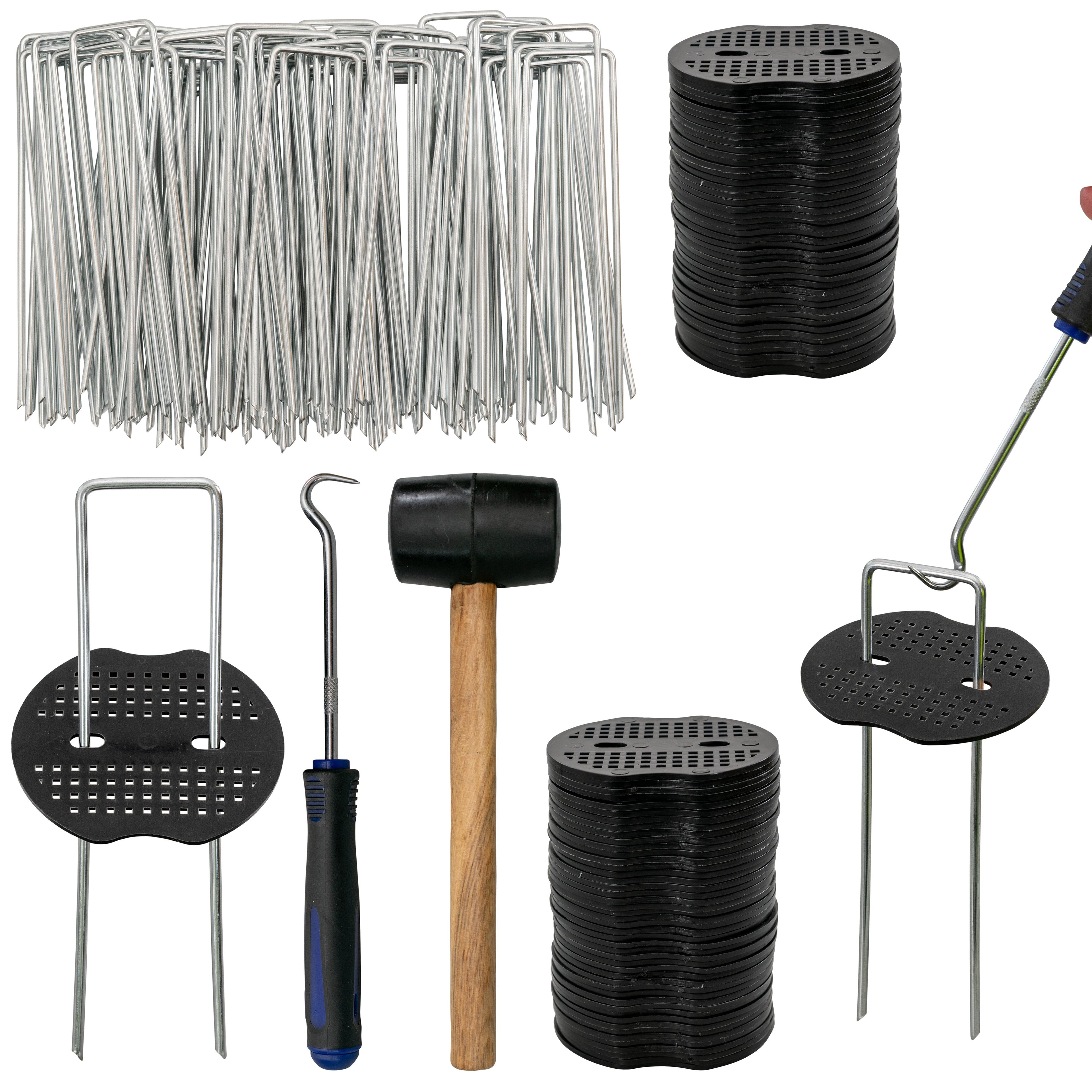 Metal Pegs with Buffer Washer Set Blue and Rubber Mallet Hold Down Pegs Securing Pin Staples_1