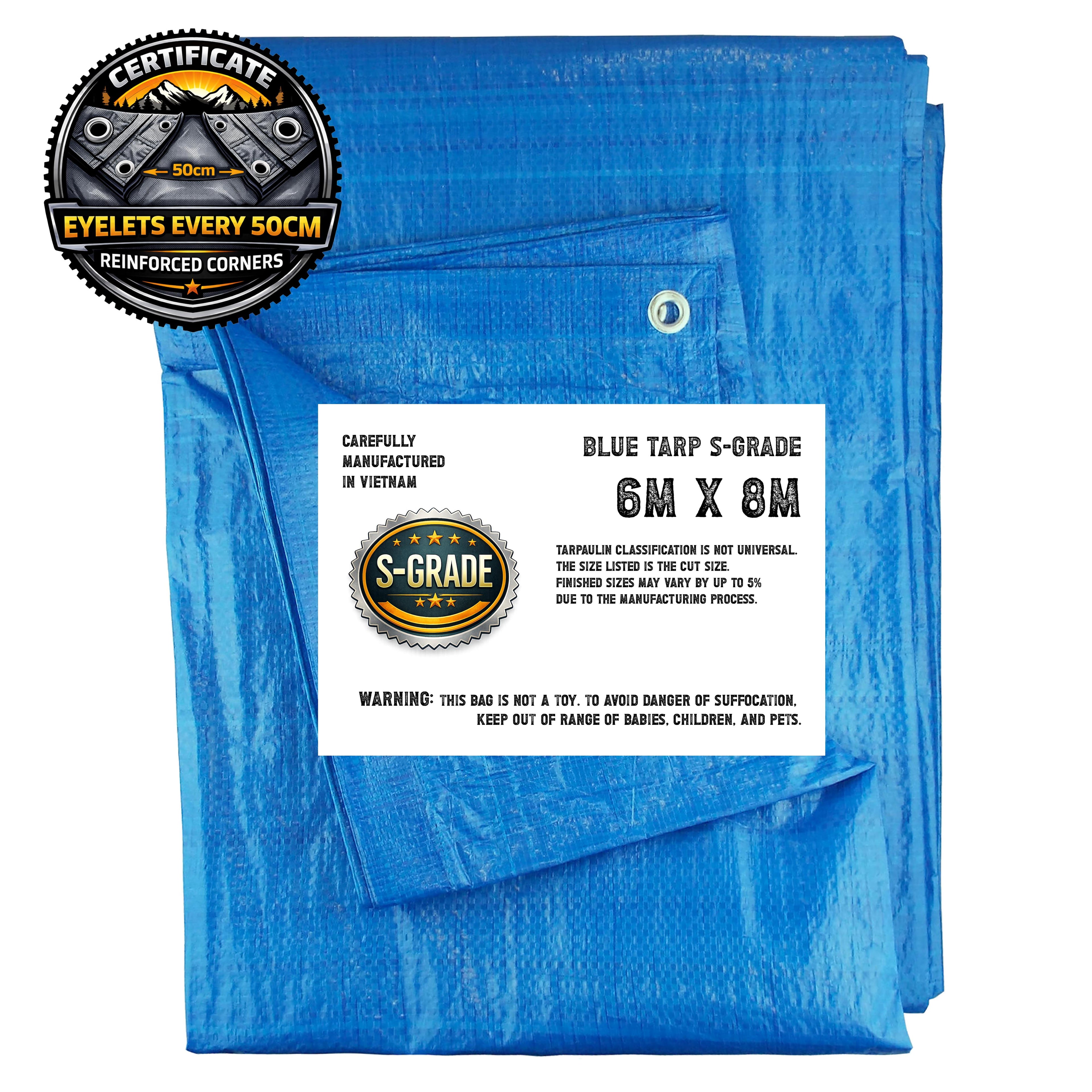 S-Grade 50gsm Blue Tarpaulin 6m x 8m with Eyelets every 0.5m and reinforced corners lightweight tarp cover