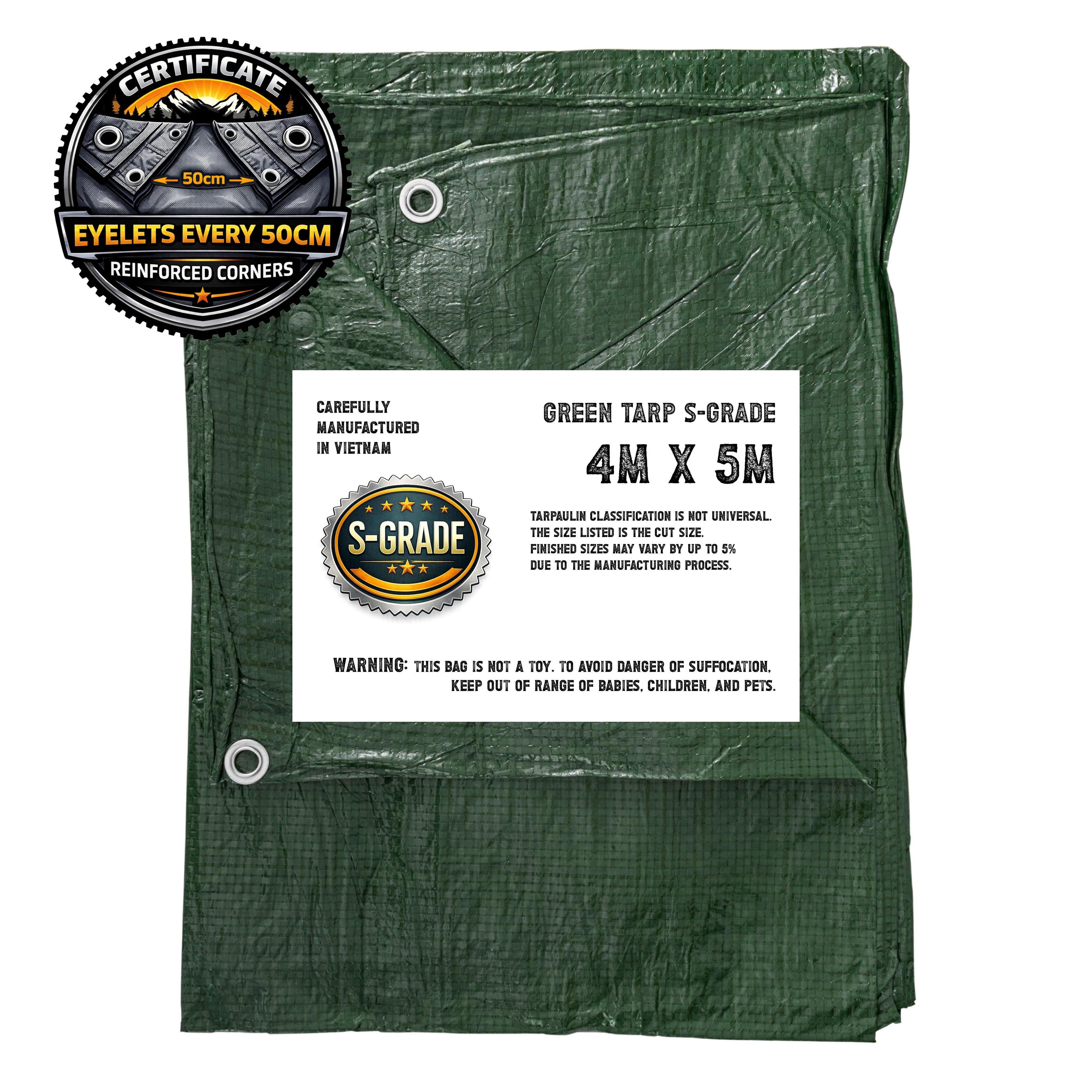 S-Grade Tarp Green Tarpaulin 50g Lightweight Waterproof Cover rain sheet 4m x 5m and eyelets every 0.5m and reinforced corners