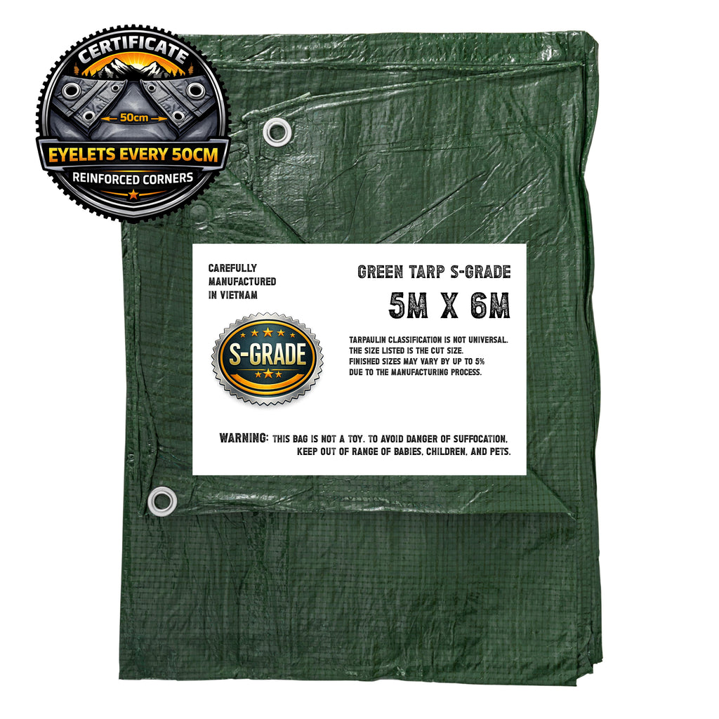 S-Grade Tarp Green Tarpaulin 50g Lightweight Waterproof Cover rain sheet 5m x 6m eyelets every 0.5m and reinforced corners