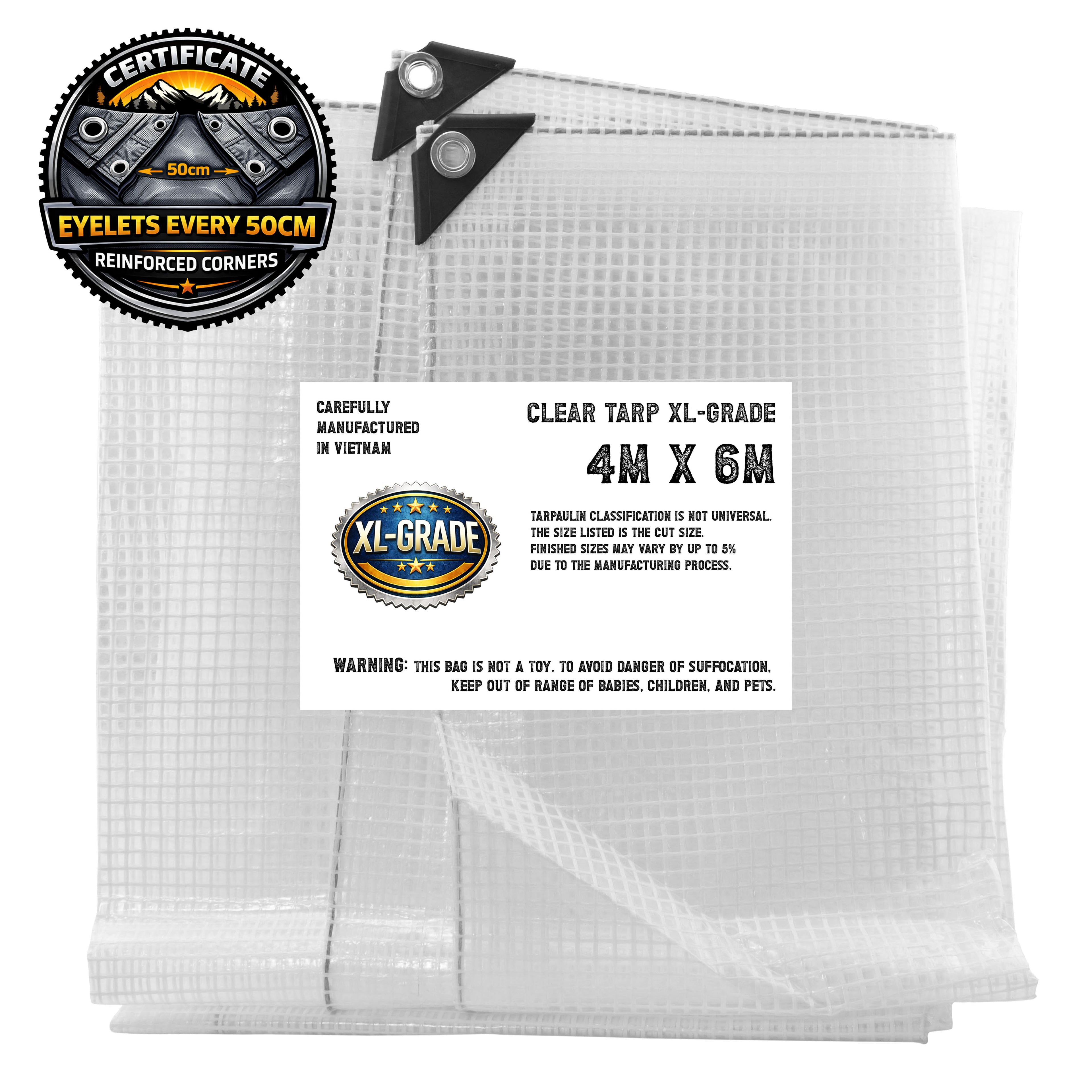 XL-Grade Reinforced Clear Tarpaulin Mesh Monotex Thread Transparent Tarp Cover Greenhouse Sheet with Eyelets 0.5m Intervals and Reinforced Corners 4m x 6m