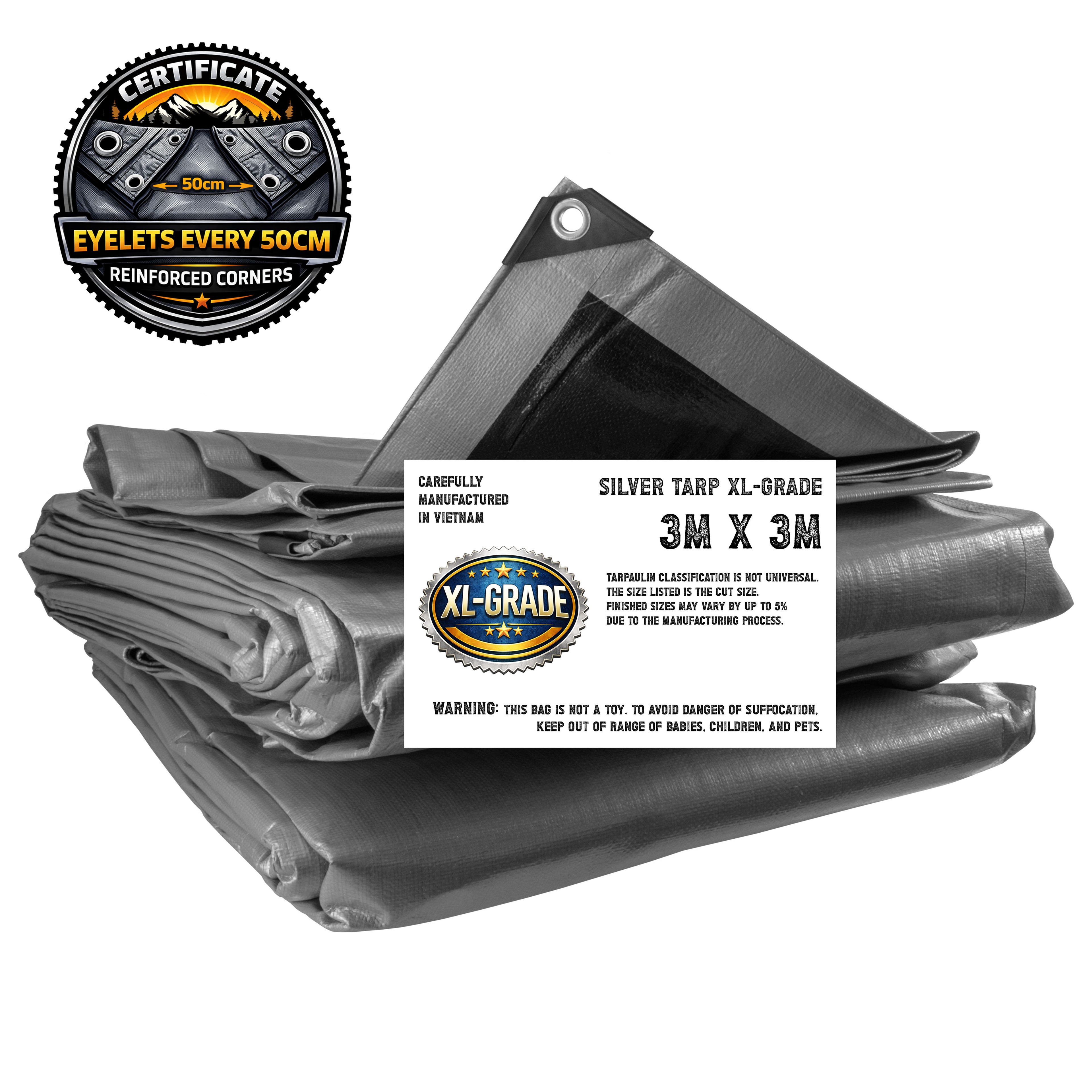 XL-Grade Silver Black Tarp Tarpaulin Heavy Duty Protective Cover Strong Durable Sheet 3m x 3m Eyelets 0.5m Intervals and Reinforced Corners