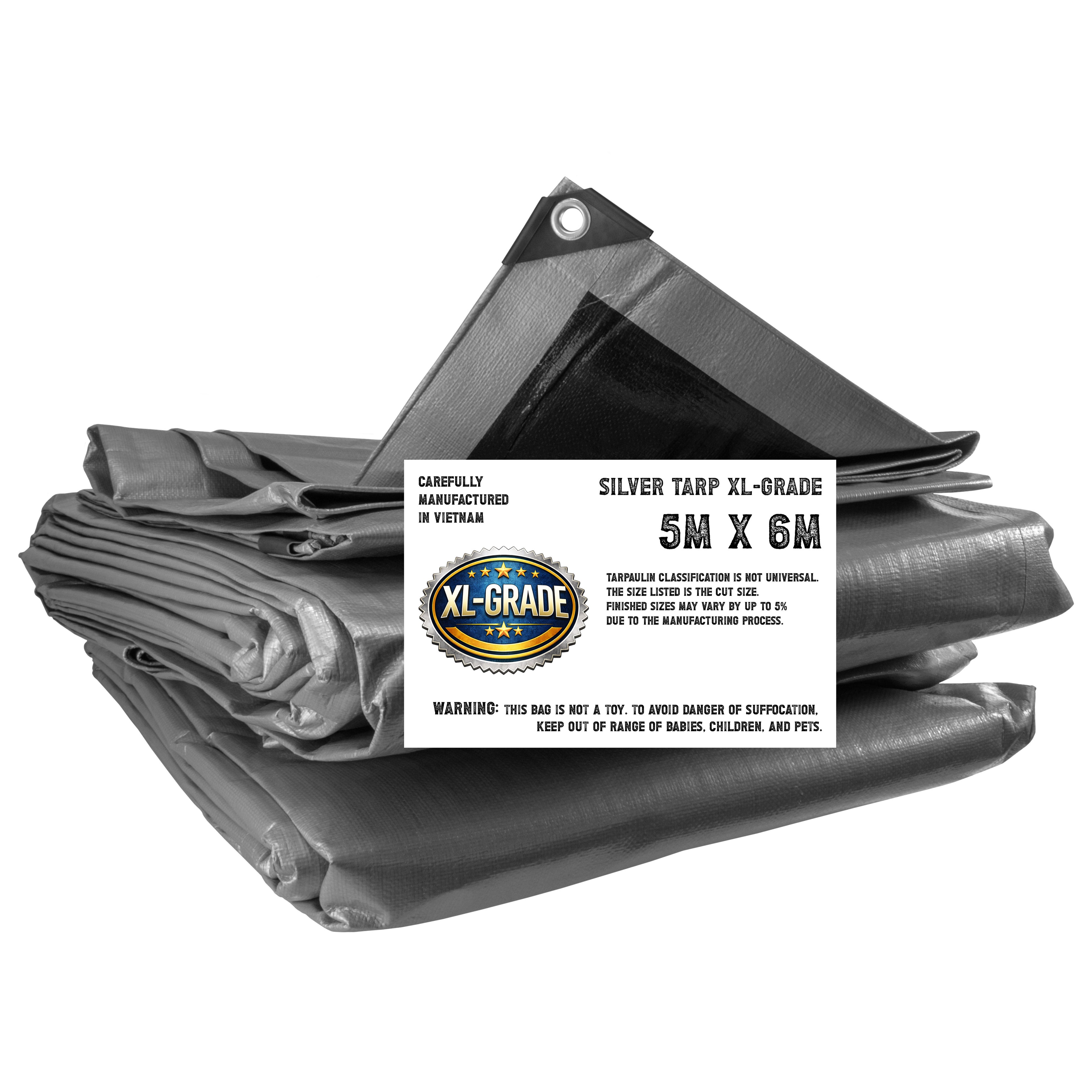 XL-Grade Silver Black Tarp Tarpaulin Heavy Duty Protective Cover Strong Durable Sheet 5m x 6m
